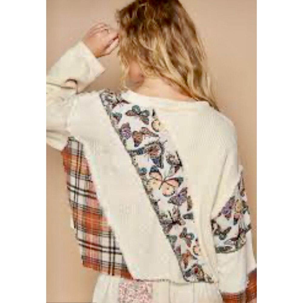 POL Mixed Media Patchwork Floral Flannel Cropped Top Sweater Boho M Cottagecore